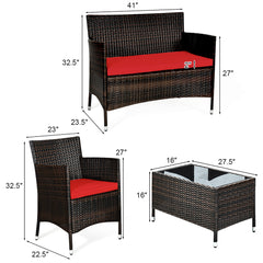 Rattan Furniture 4 Piece Set with Sofa, Chairs, and Coffee Table