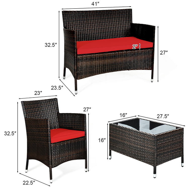 Rattan Furniture 4 Piece Set with Sofa, Chairs, and Coffee Table