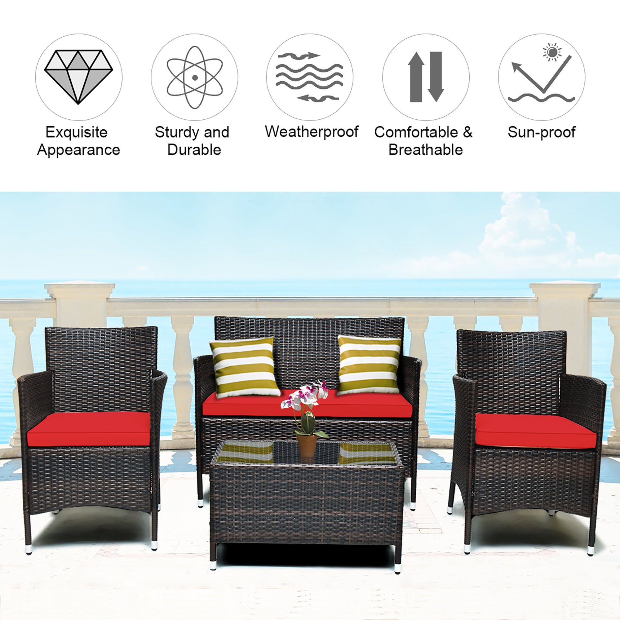  Rattan Furniture 4 Piece Set with Sofa, Chairs, and Coffee Table - Brown - Bonton