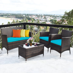 Rattan Furniture 4 Piece Set with Sofa, Chairs, and Coffee Table