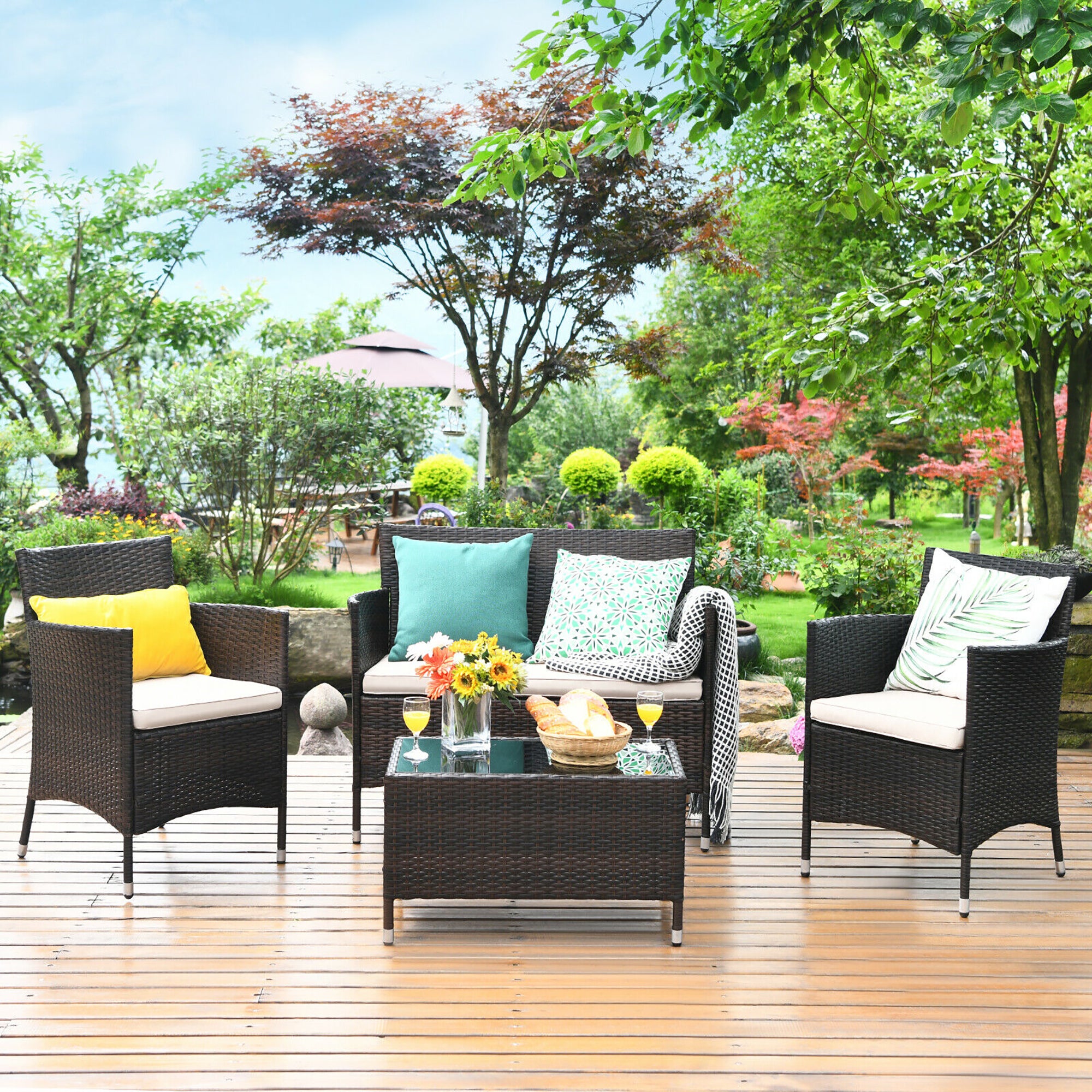  Rattan Furniture 4 Piece Set with Sofa, Chairs, and Coffee Table - Brown - Bonton