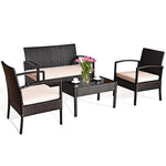4 Piece Rattan Conversation Furniture Set with Cushioned Seats and Glass Table
