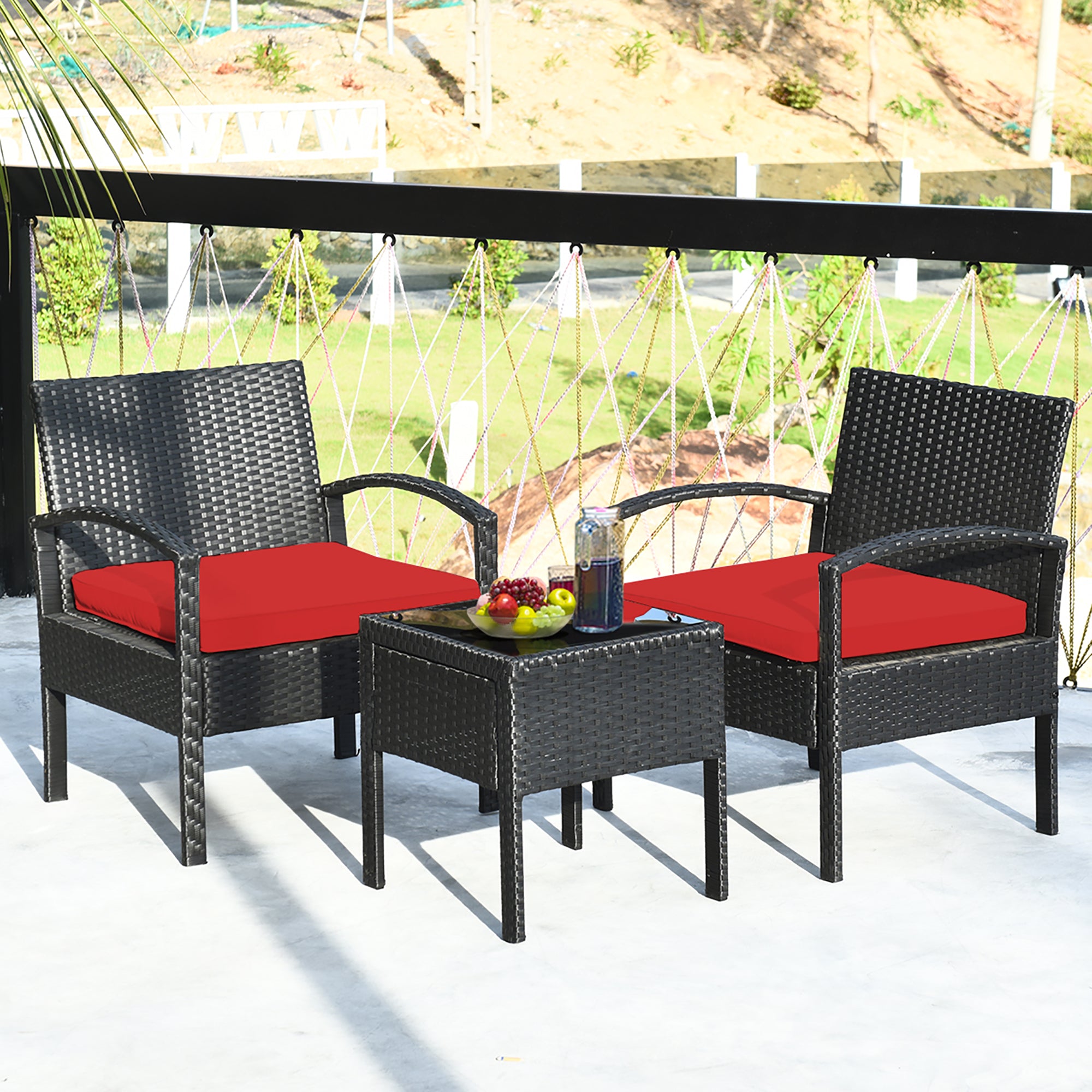  3 Piece Table and Cushion Chairs Set - Red - Bonton