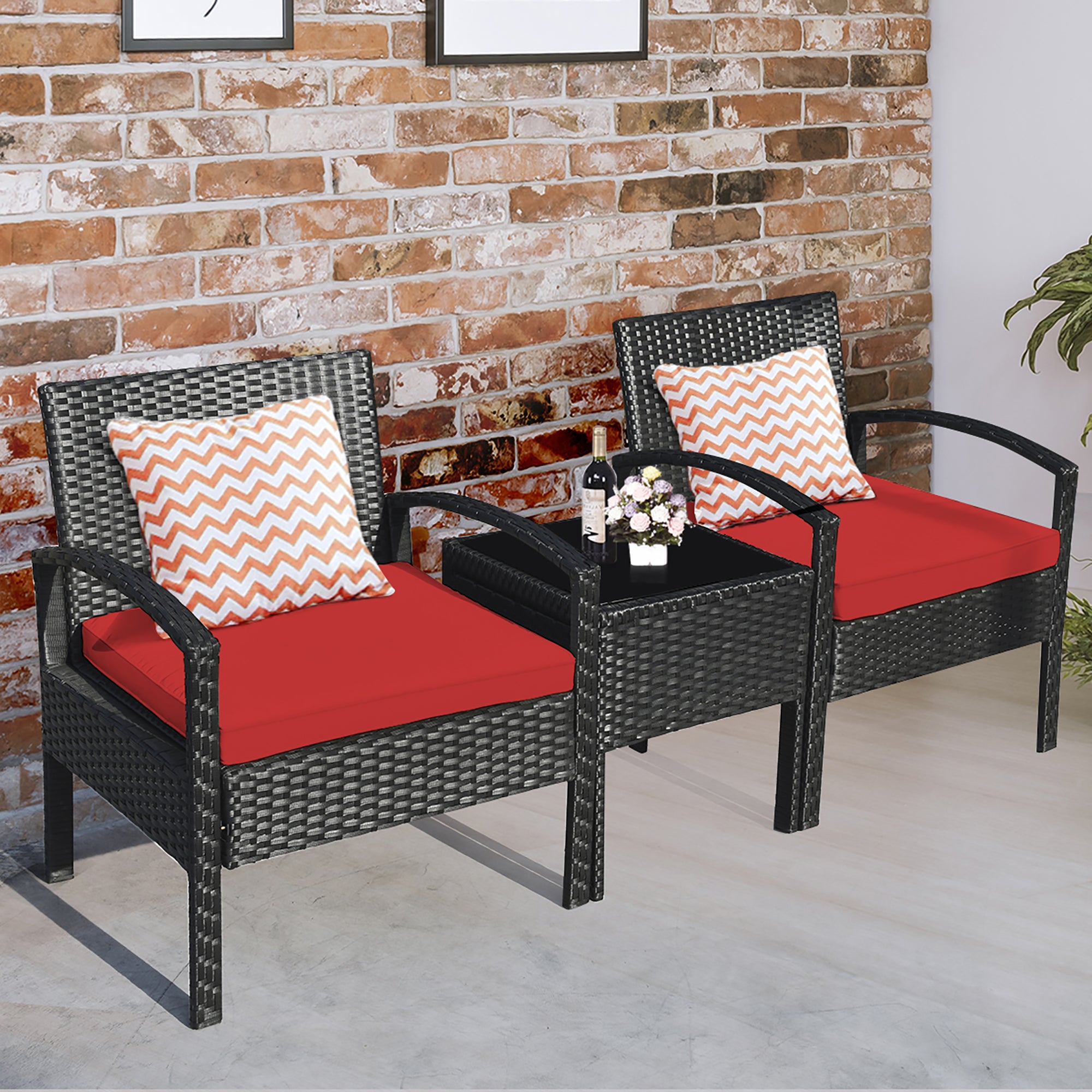  3 Piece Table and Cushion Chairs Set - Red - Bonton