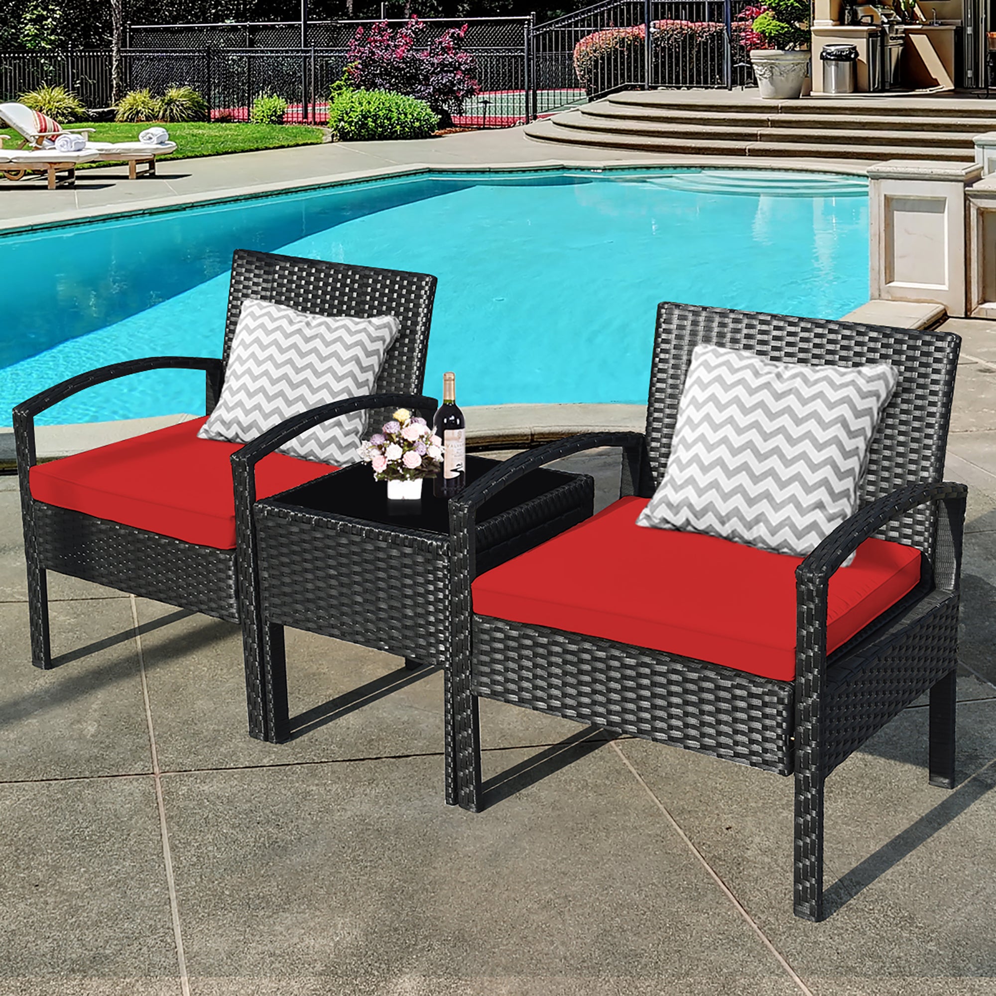  3 Piece Table and Cushion Chairs Set - Red - Bonton