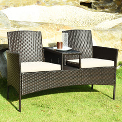 Rattan Table with Attached Chairs Conversation Set