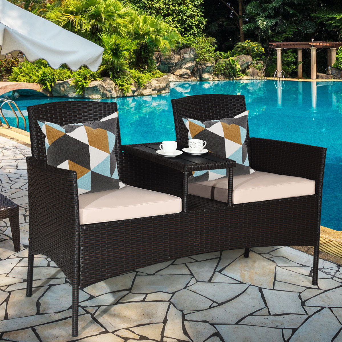  Rattan Table with Attached Chairs Conversation Set - Turquoise - Bonton