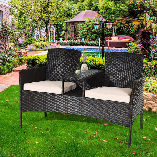 Rattan Table with Attached Chairs Conversation Set