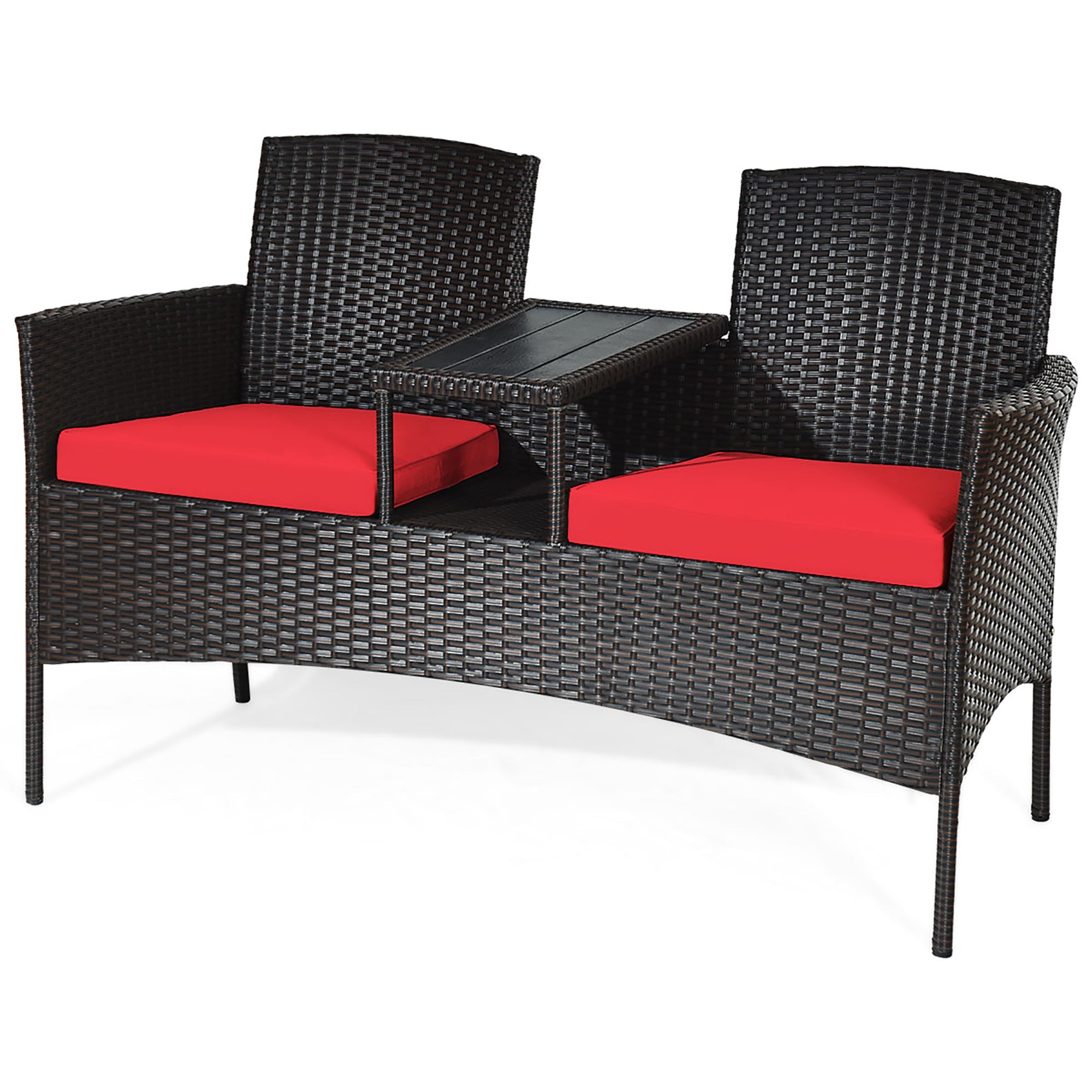  Rattan Table with Attached Chairs Conversation Set - Red - Bonton