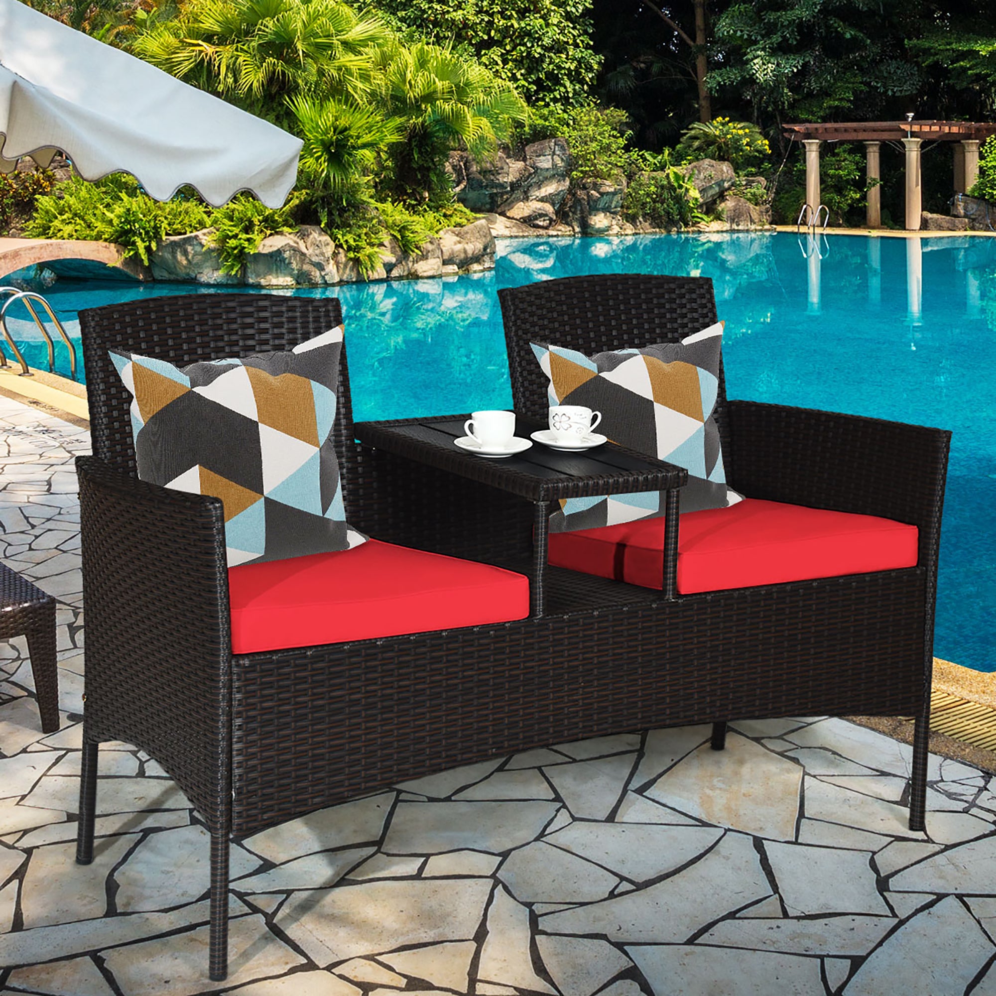  Rattan Table with Attached Chairs Conversation Set - Red - Bonton