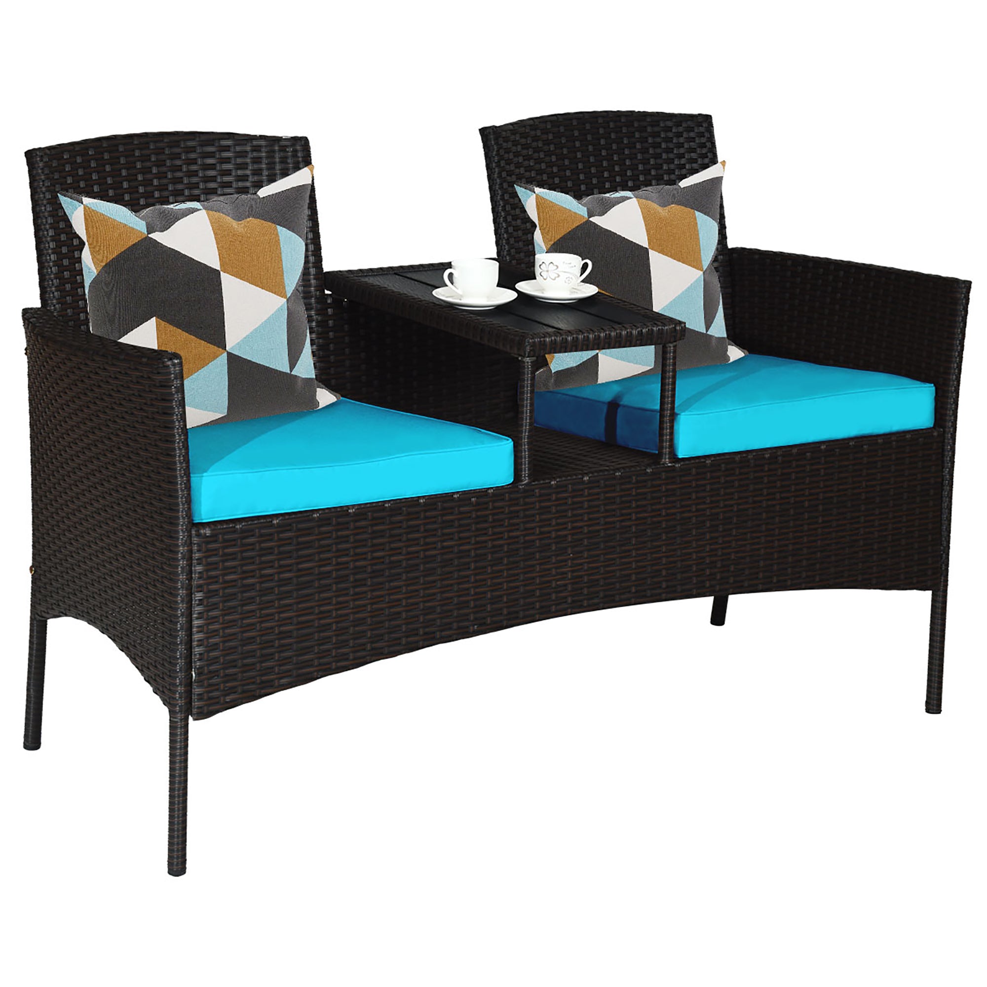  Rattan Table with Attached Chairs Conversation Set - Turquoise - Bonton