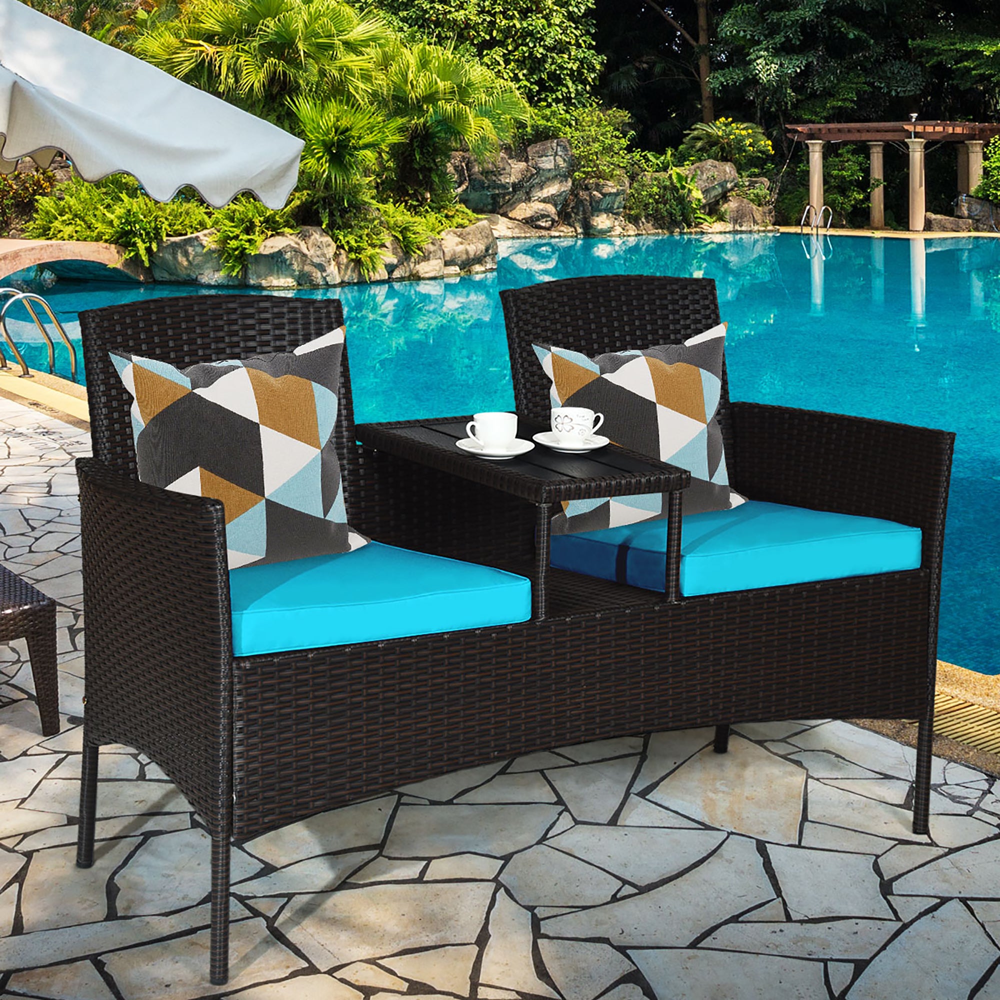  Rattan Table with Attached Chairs Conversation Set - Turquoise - Bonton