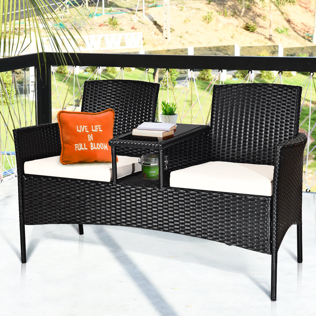  Rattan Cushioned Loveseat with Attached Glass Table - Red - Bonton