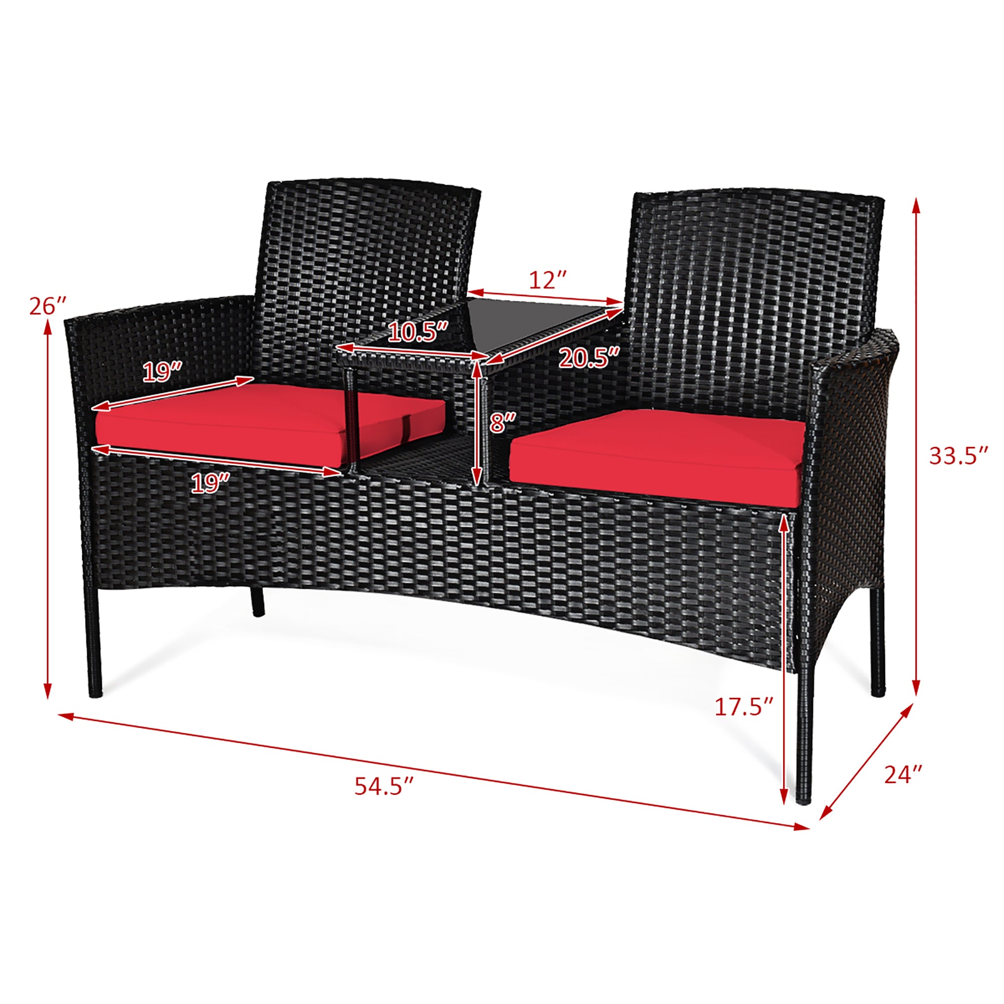  Rattan Cushioned Loveseat with Attached Glass Table - Red - Bonton