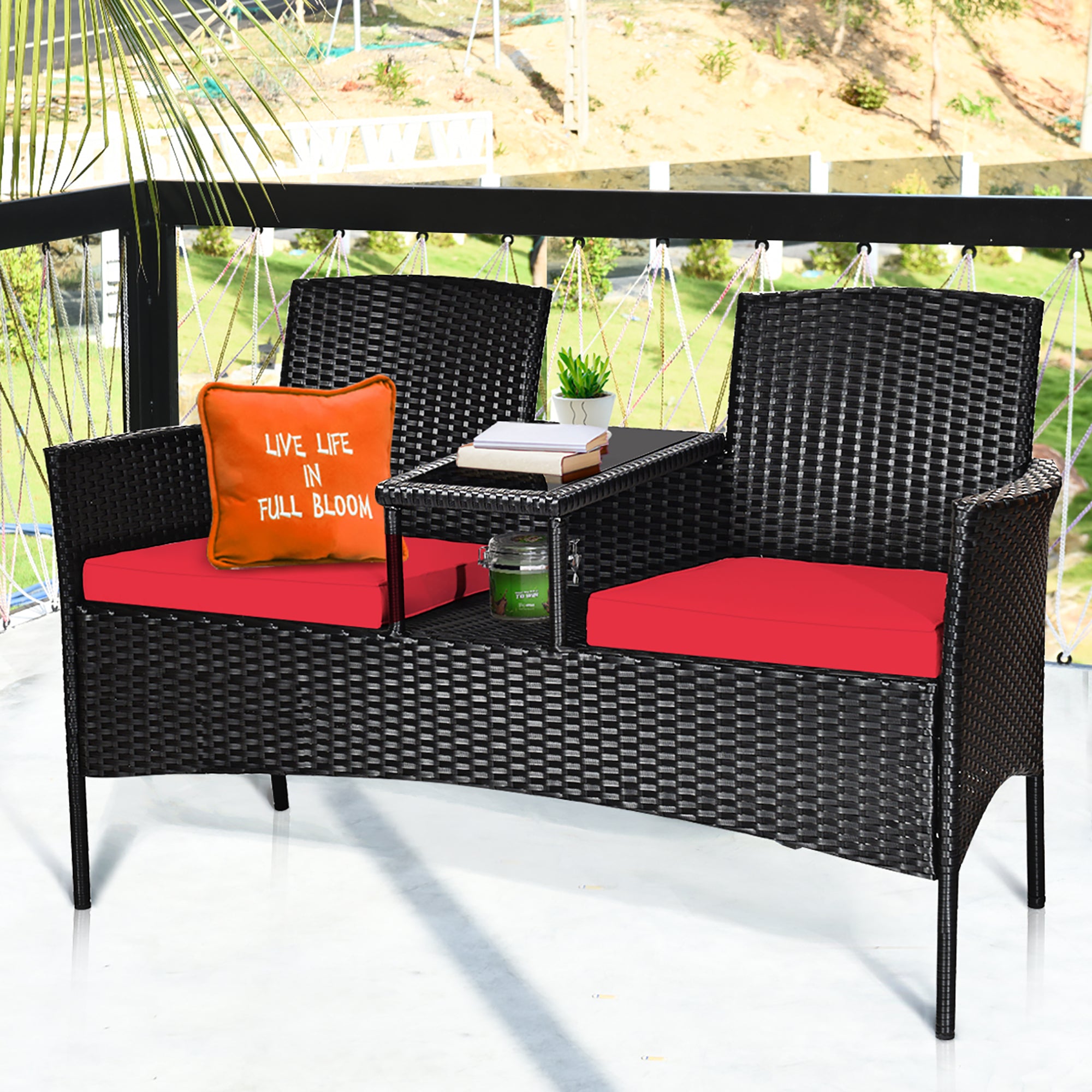  Rattan Cushioned Loveseat with Attached Glass Table - Red - Bonton