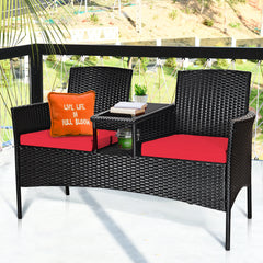 Rattan Cushioned Loveseat with Attached Glass Table