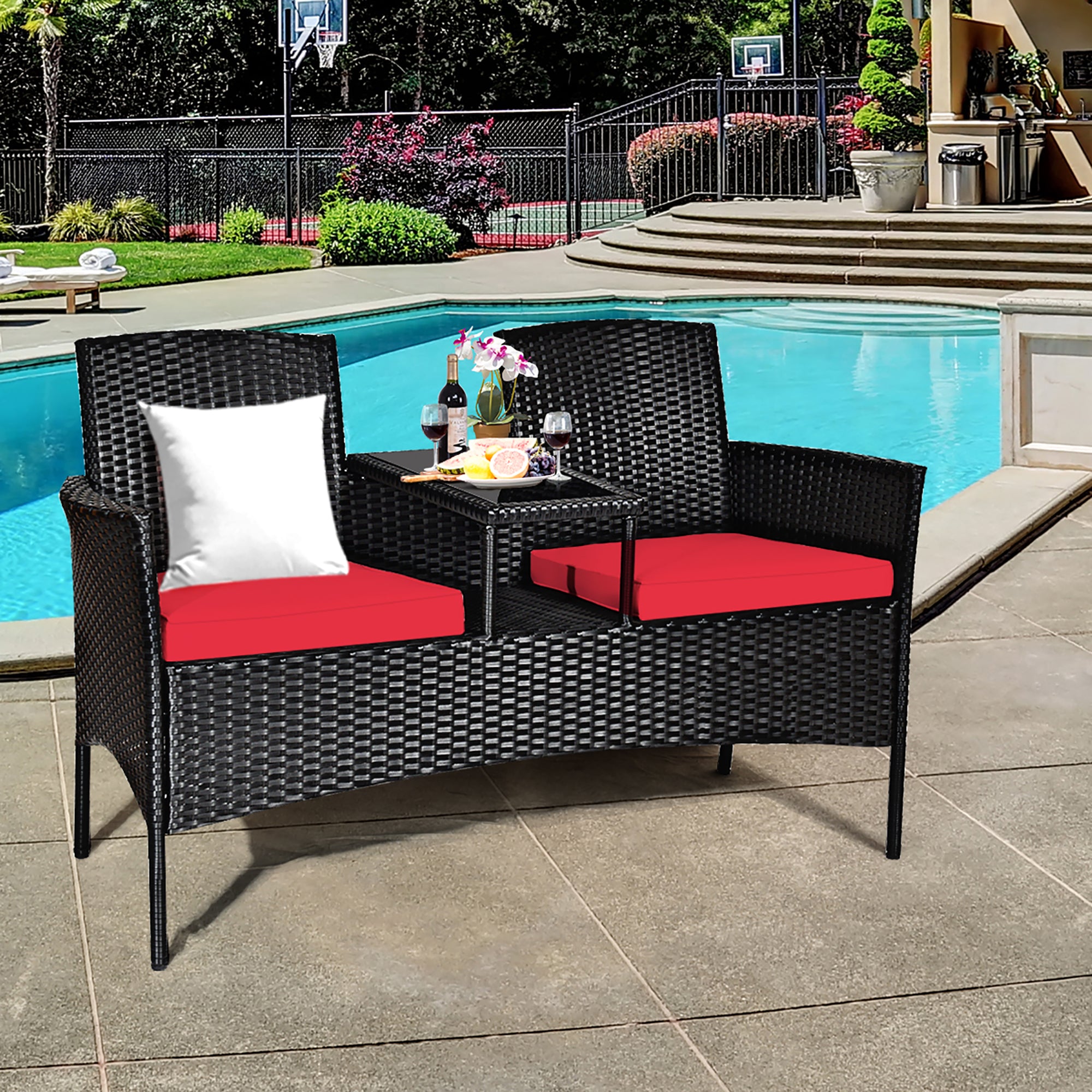  Rattan Cushioned Loveseat with Attached Glass Table - Red - Bonton