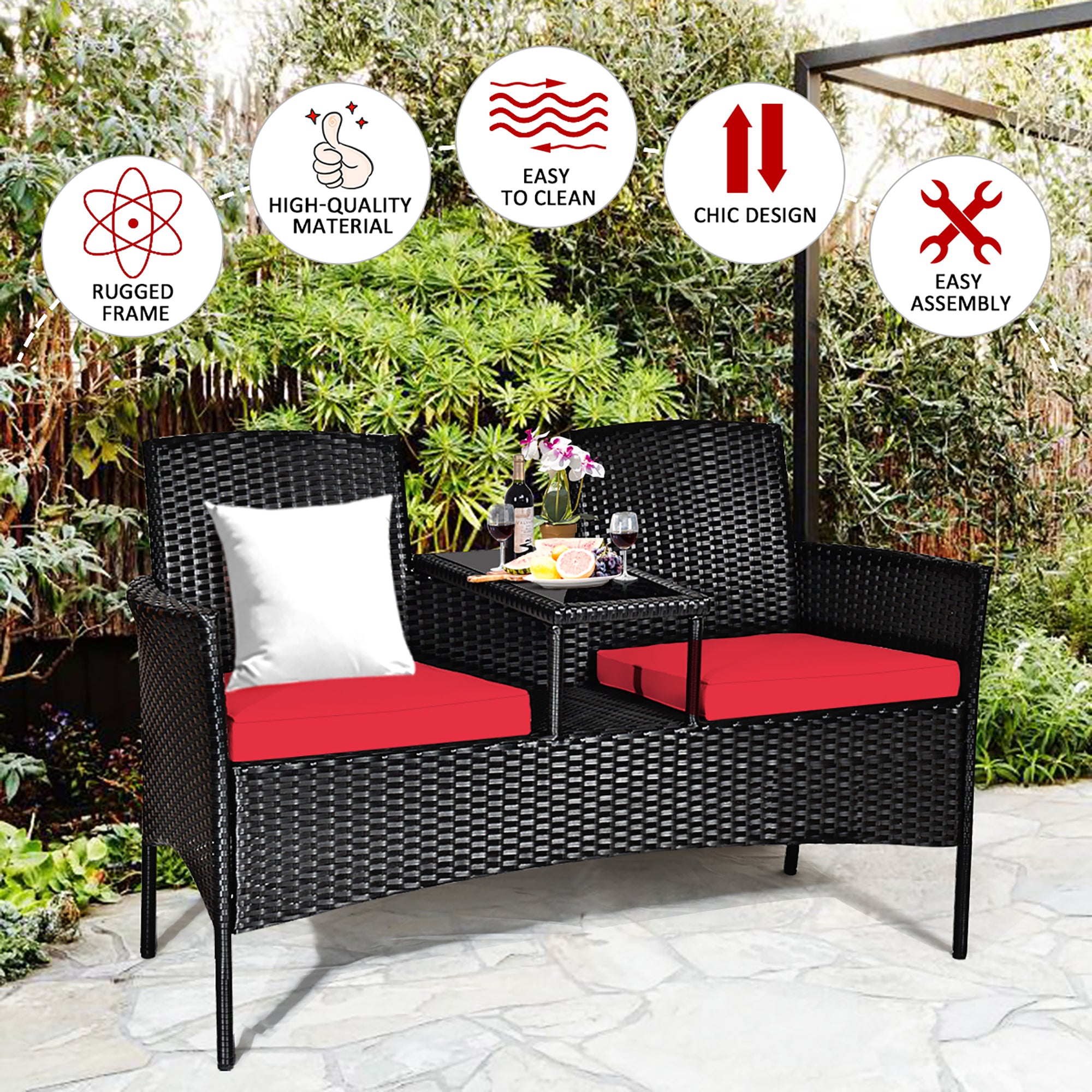  Rattan Cushioned Loveseat with Attached Glass Table - Red - Bonton