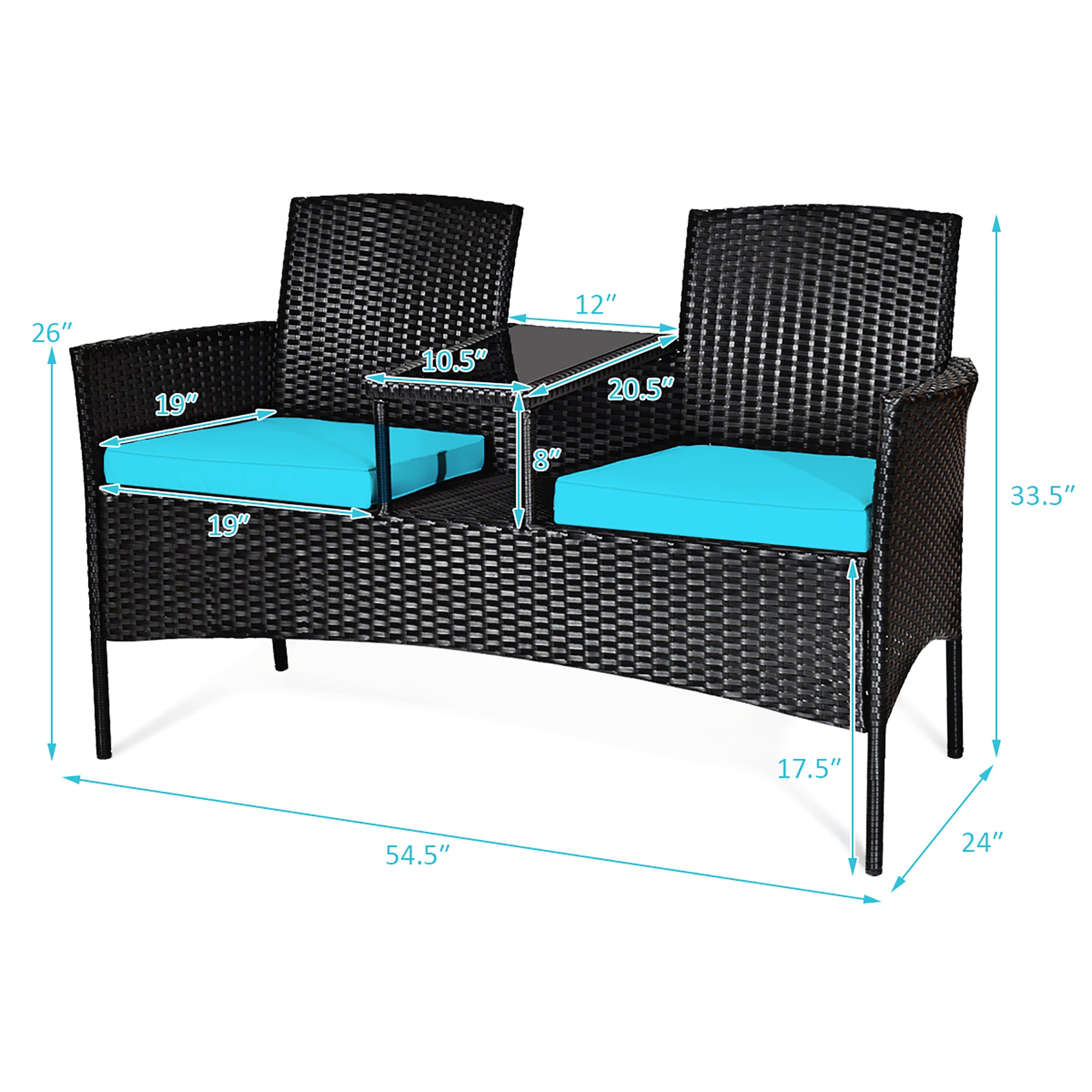  Rattan Cushioned Loveseat with Attached Glass Table - Turquoise - Bonton