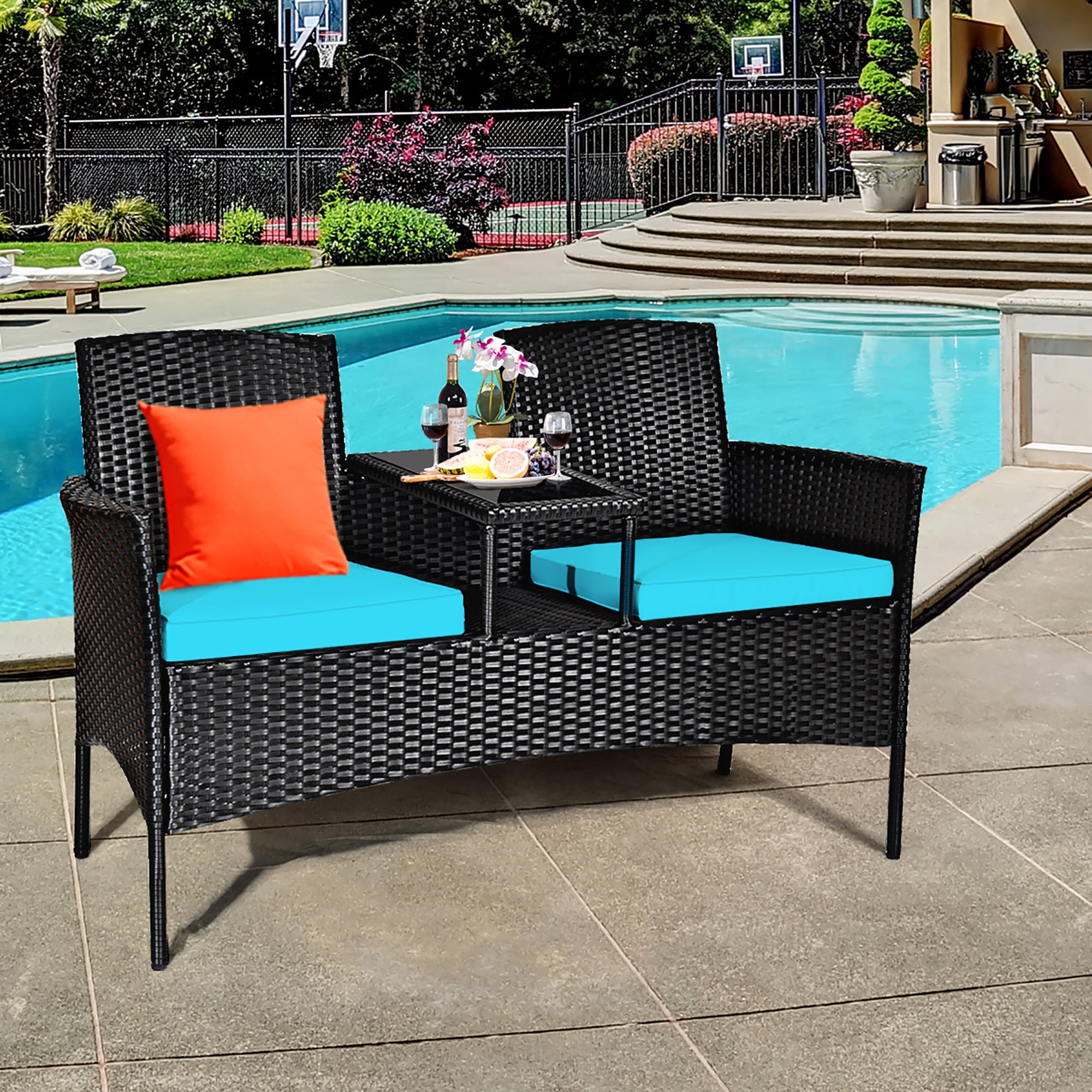  Rattan Cushioned Loveseat with Attached Glass Table - Turquoise - Bonton