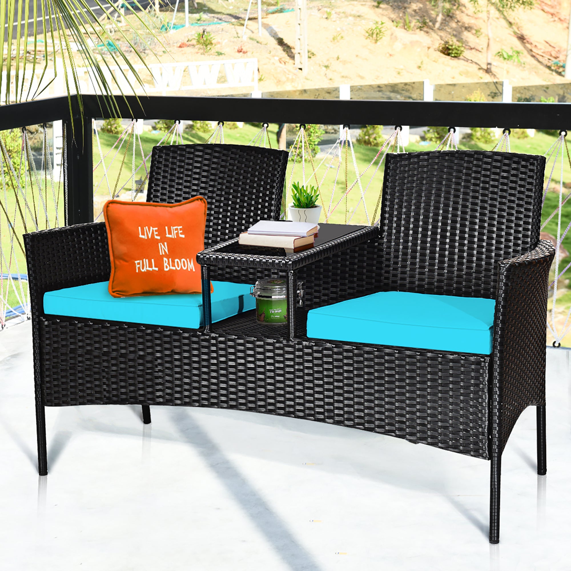  Rattan Cushioned Loveseat with Attached Glass Table - Turquoise - Bonton