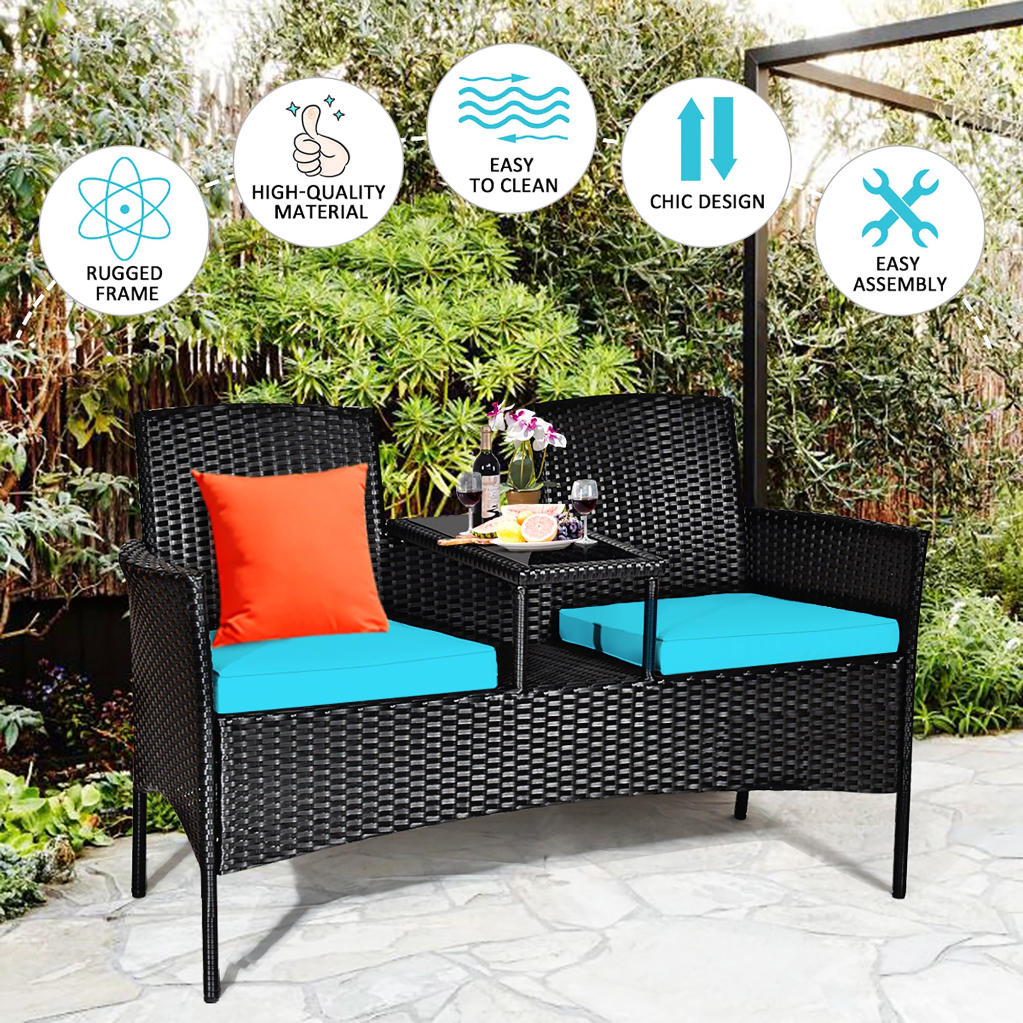  Rattan Cushioned Loveseat with Attached Glass Table - Turquoise - Bonton