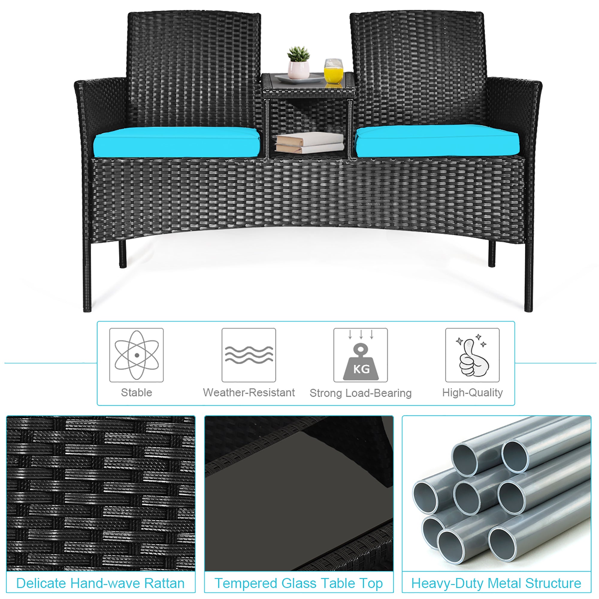  Rattan Cushioned Loveseat with Attached Glass Table - Turquoise - Bonton