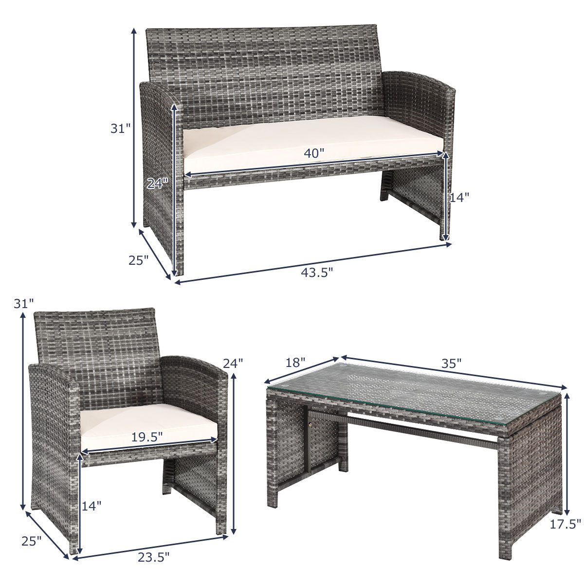  Gray Rattan Furniture Set with Glass Table Top Set of 4 - Turquoise - Bonton