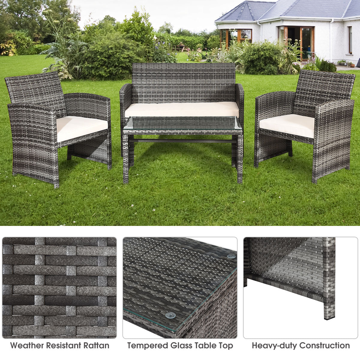  Gray Rattan Furniture Set with Glass Table Top Set of 4 - Mix Gray - Bonton