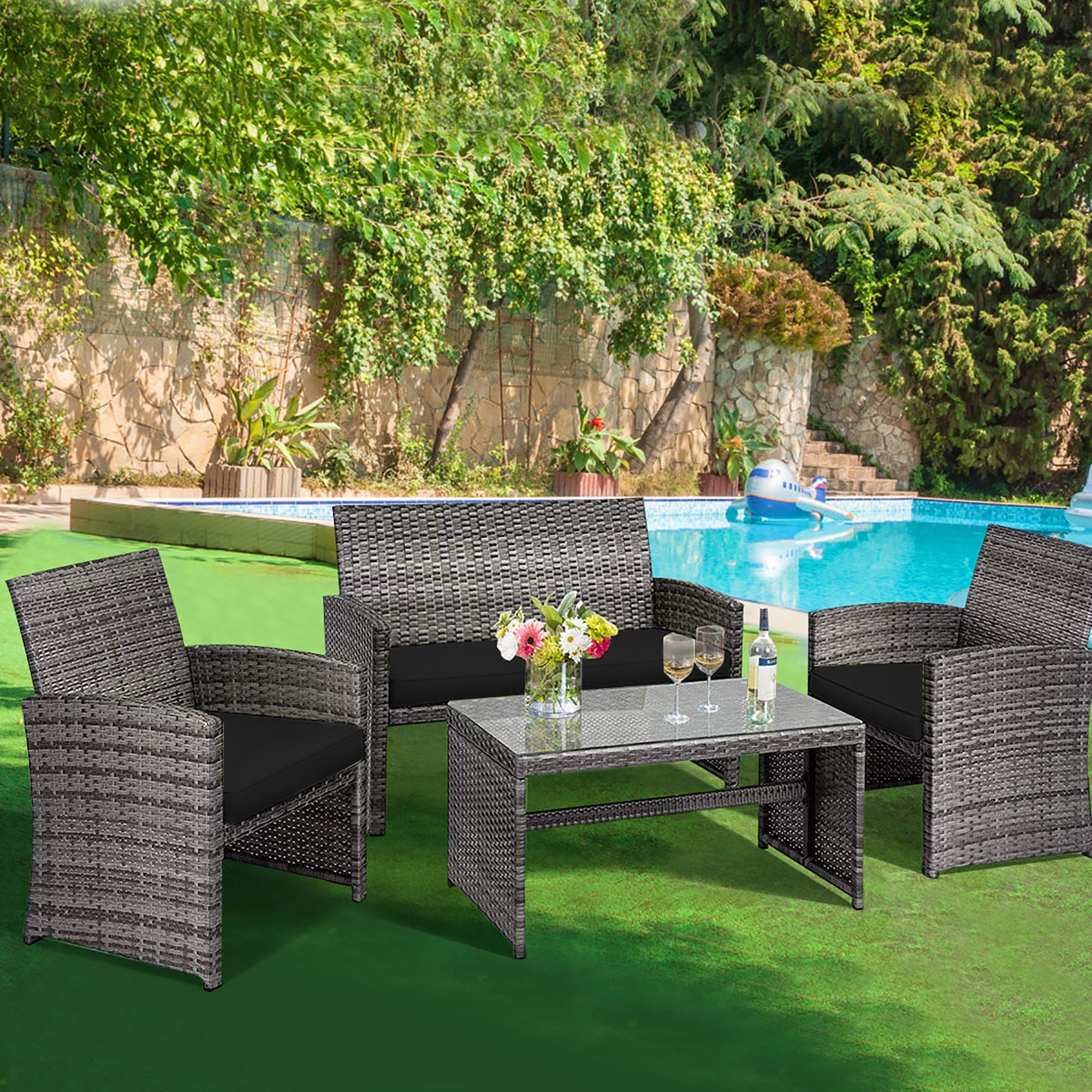  Gray Rattan Furniture Set with Glass Table Top Set of 4 - Red - Bonton