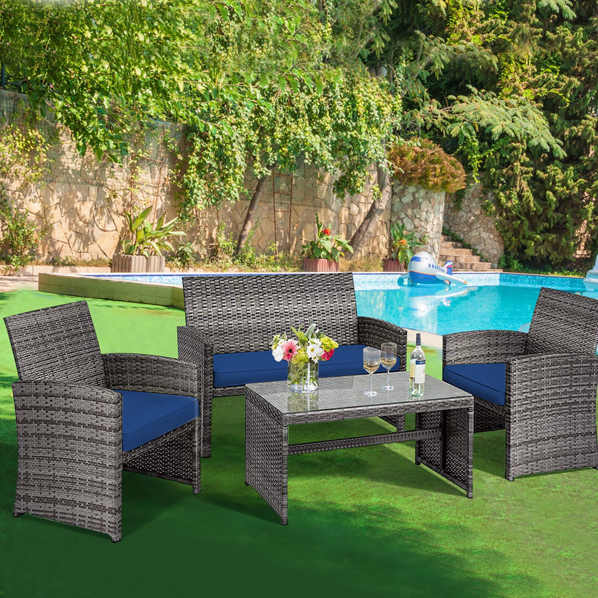  Gray Rattan Furniture Set with Glass Table Top Set of 4 - Navy - Bonton