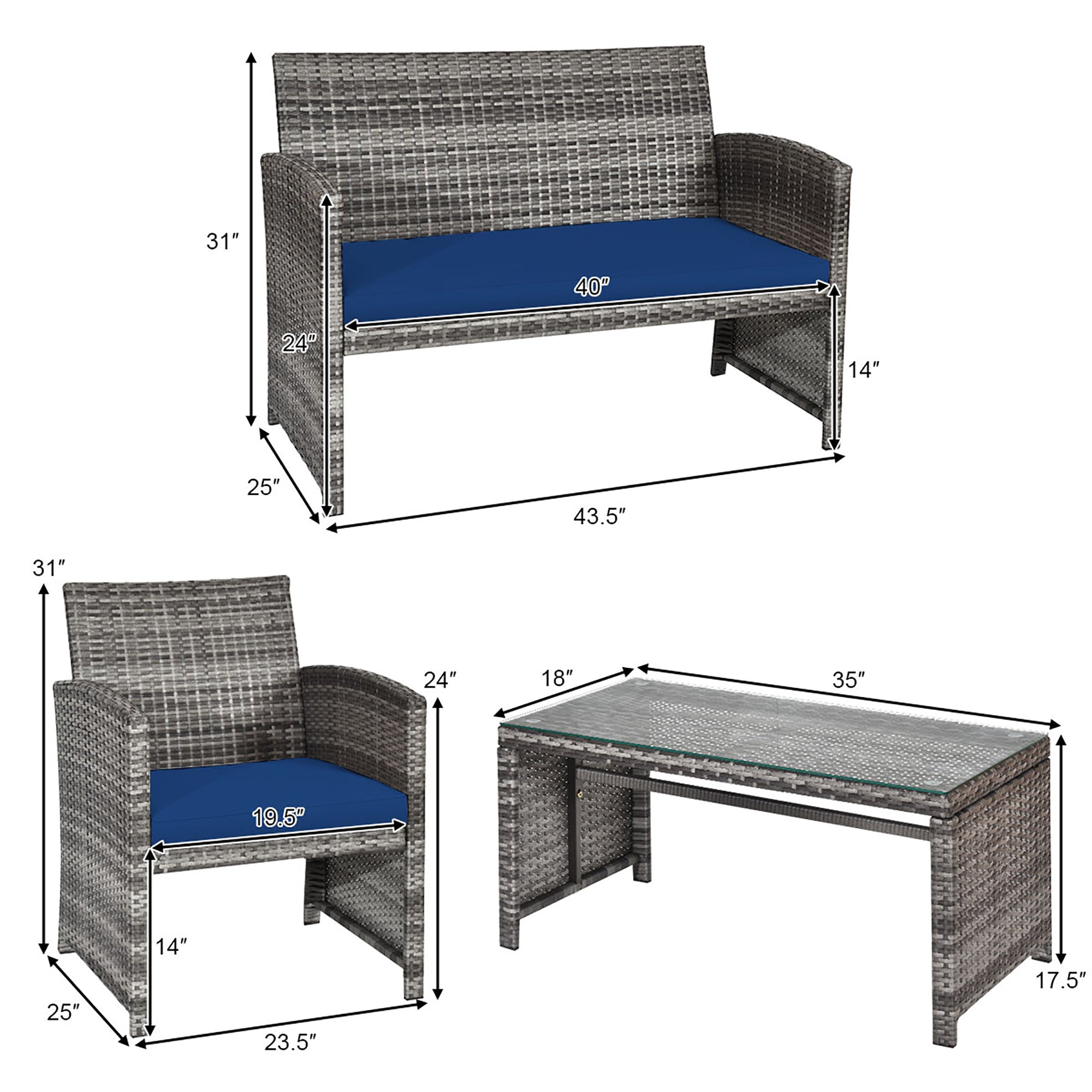  Gray Rattan Furniture Set with Glass Table Top Set of 4 - Mix Gray - Bonton