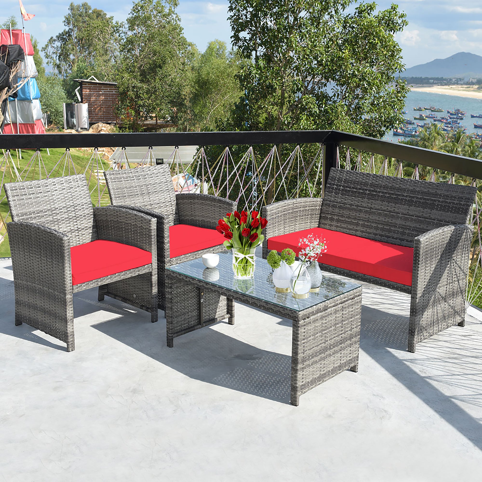  Gray Rattan Furniture Set with Glass Table Top Set of 4 - Red - Bonton