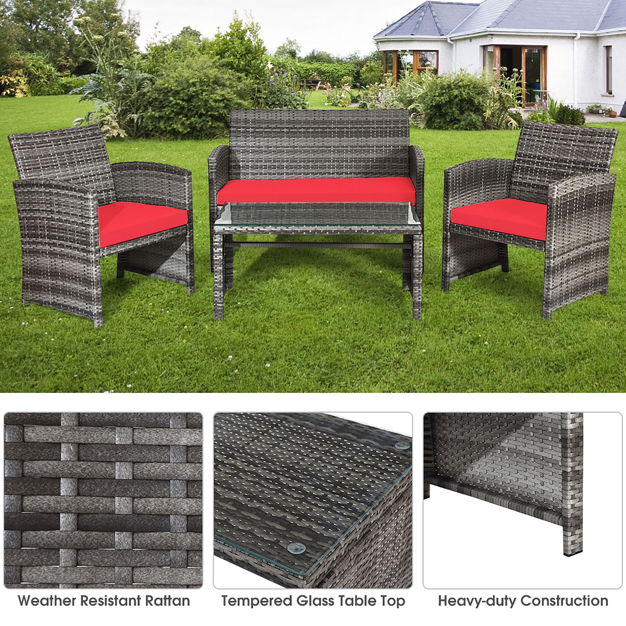  Gray Rattan Furniture Set with Glass Table Top Set of 4 - Mix Gray - Bonton