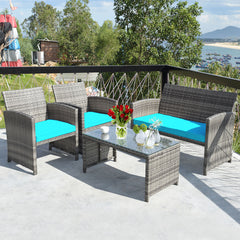 4 Piece Rattan Conversation Set with Turquoise Cushions