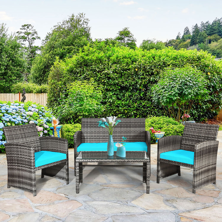 4 Piece Rattan Conversation Set with Turquoise Cushions