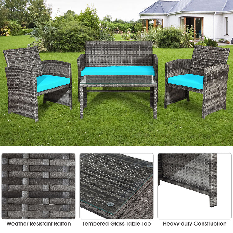 4 Piece Rattan Conversation Set with Turquoise Cushions