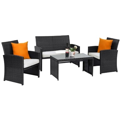  4 Piece Rattan Wicker Conversation Set - Black - Bonton