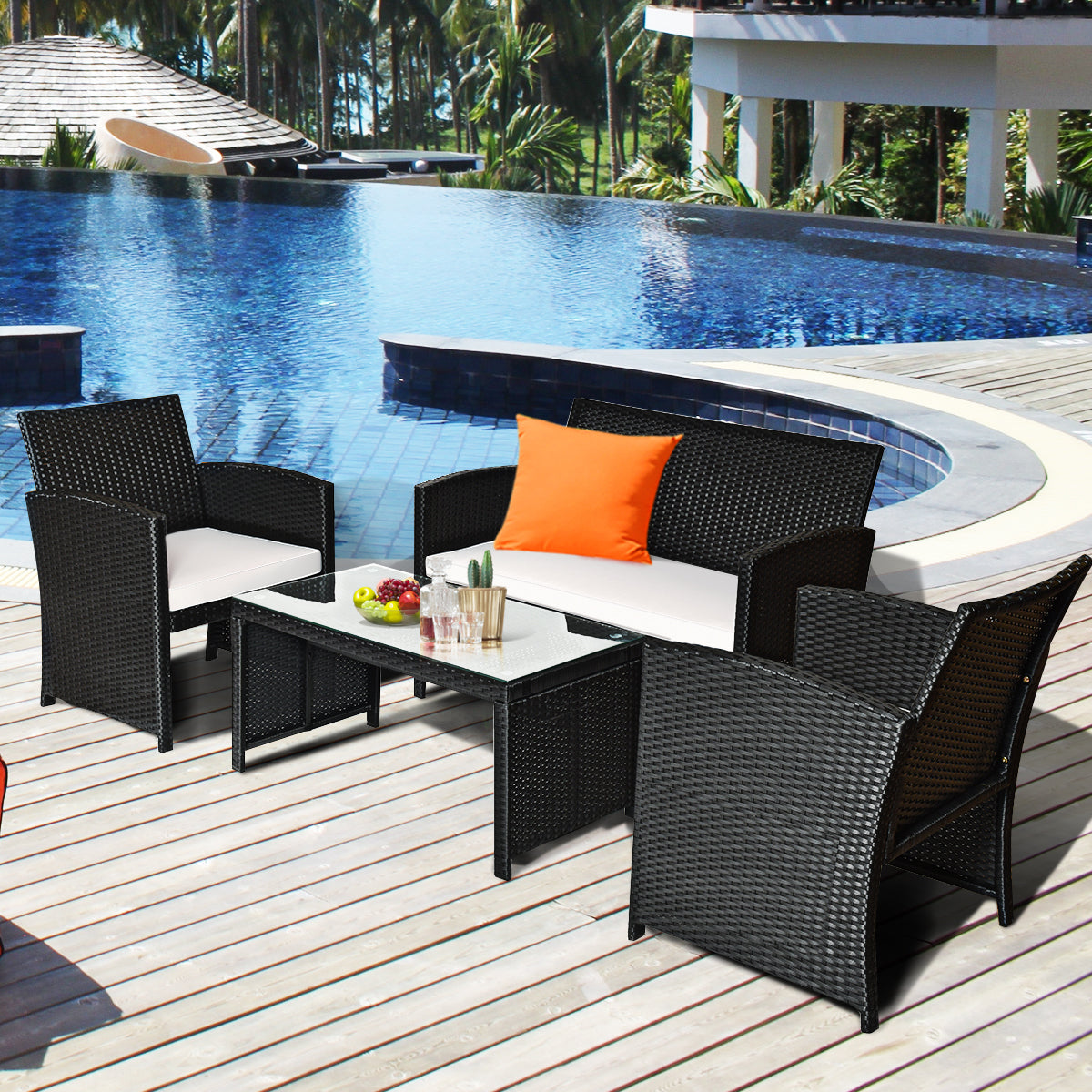  Black Rattan Furniture Set with Glass Table Top Set of 4 - Black - Bonton