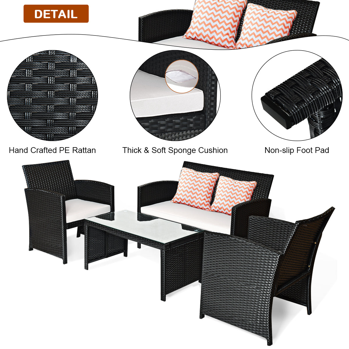  Black Rattan Furniture Set with Glass Table Top Set of 4 - Black - Bonton