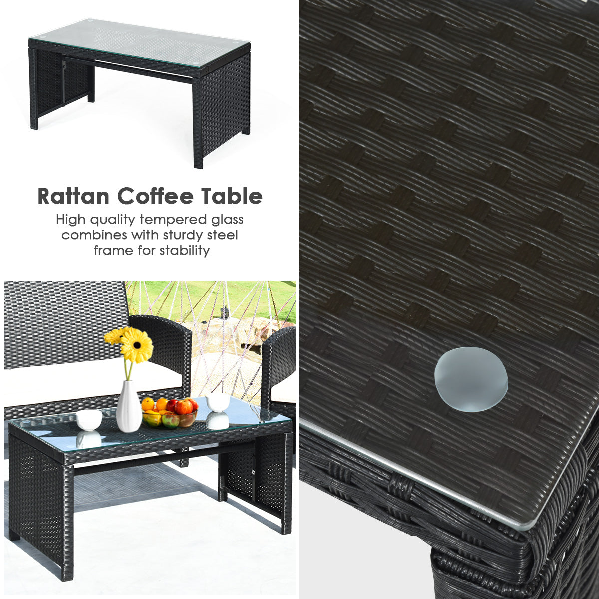  Black Rattan Furniture Set with Glass Table Top Set of 4 - Black - Bonton