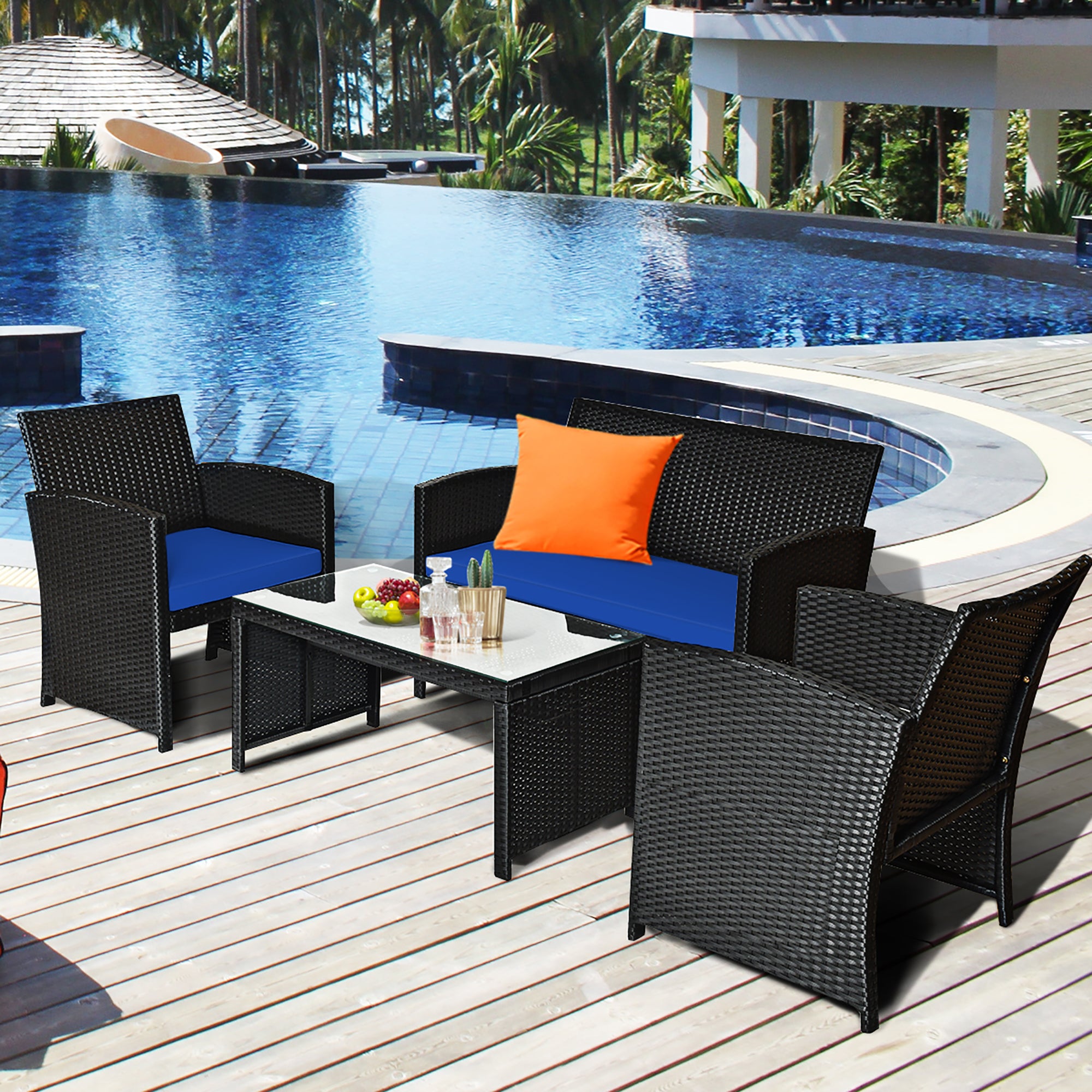  Black Rattan Furniture Set with Glass Table Top Set of 4 - Black - Bonton