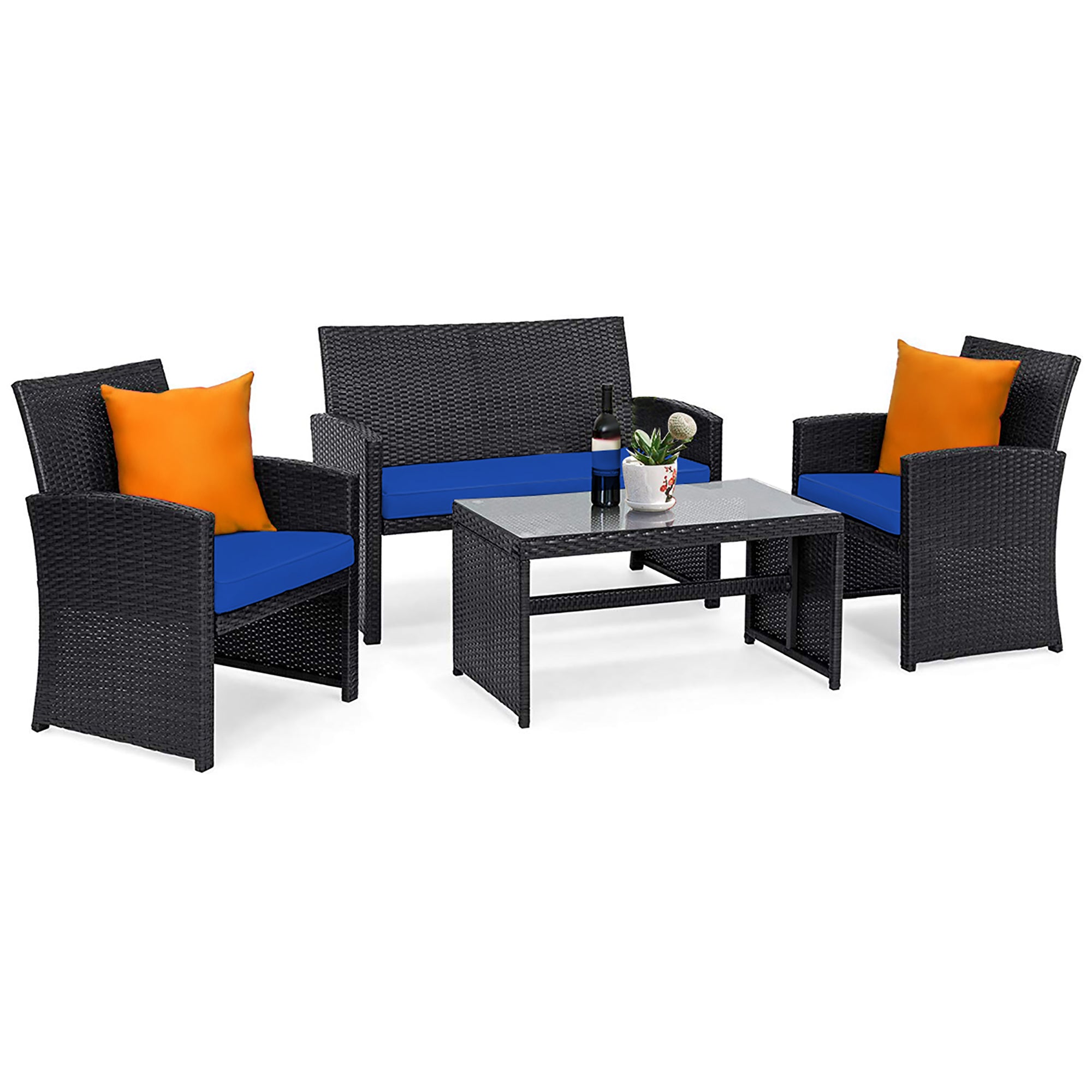  Black Rattan Furniture Set with Glass Table Top Set of 4 - Black - Bonton