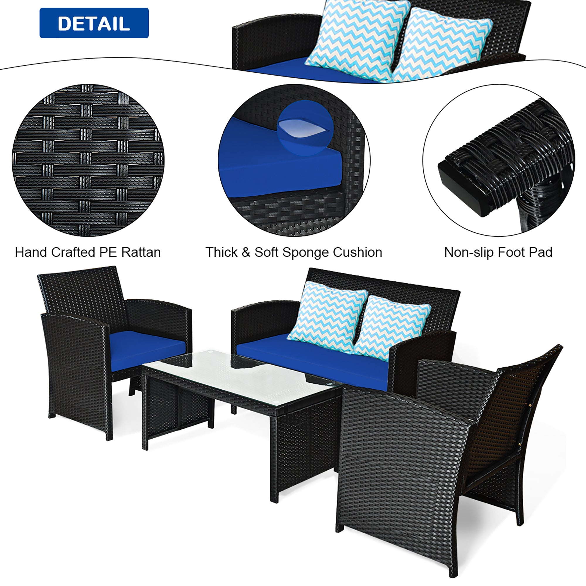  Black Rattan Furniture Set with Glass Table Top Set of 4 - Turquoise - Bonton