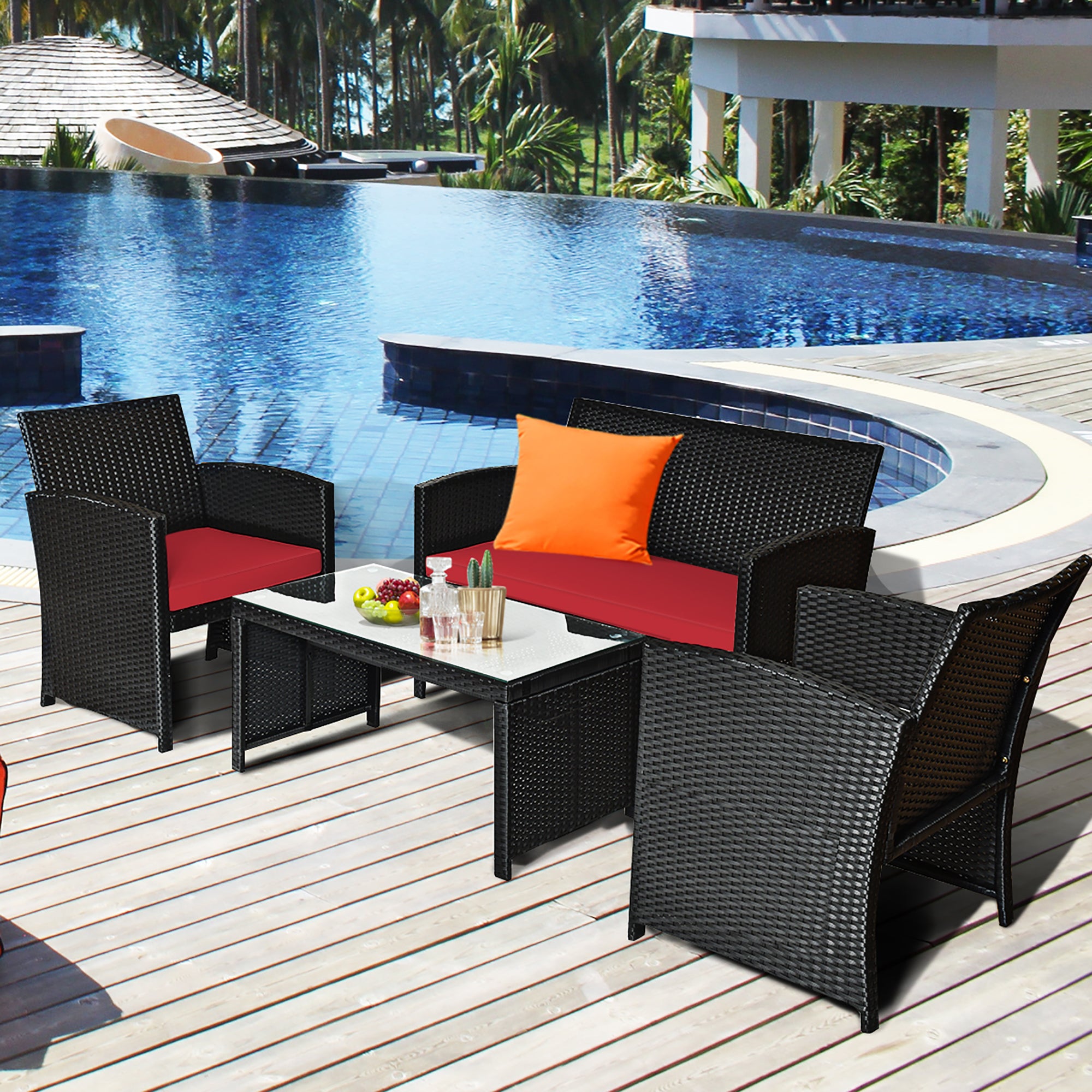  Black Rattan Furniture Set with Glass Table Top Set of 4 - Black - Bonton