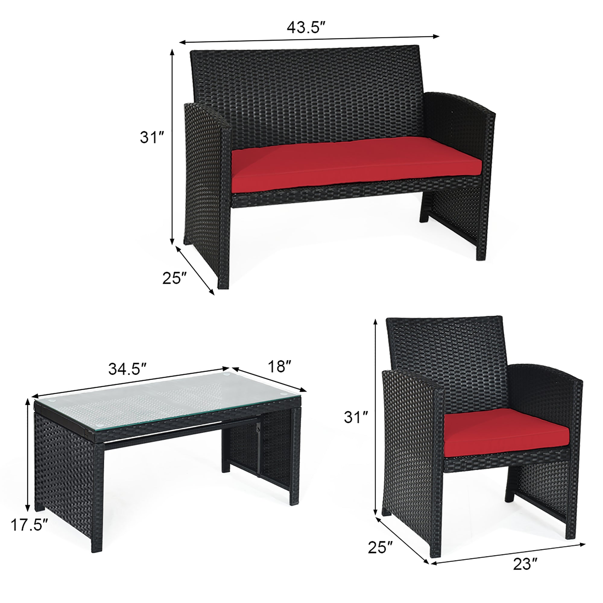  Black Rattan Furniture Set with Glass Table Top Set of 4 - Red - Bonton