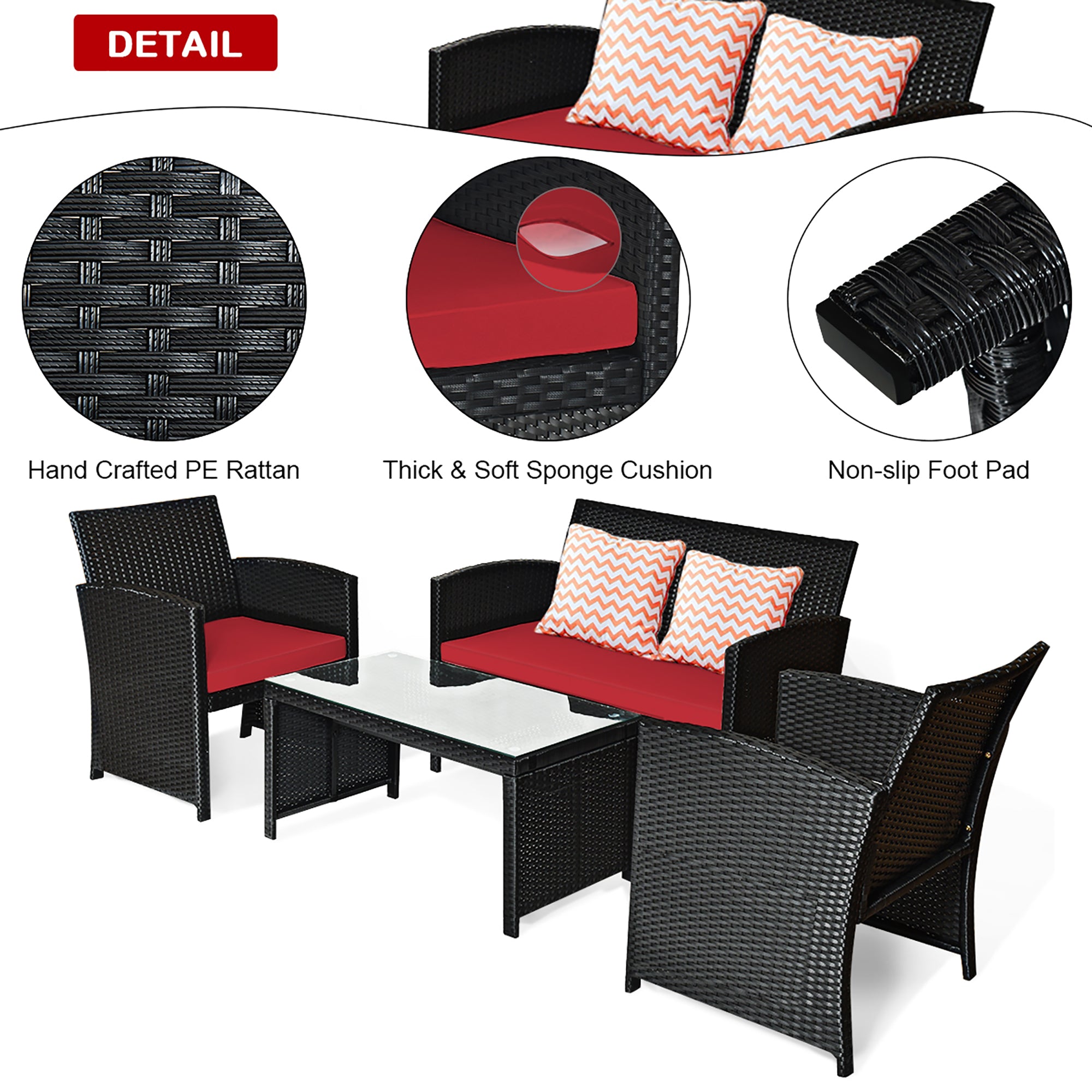  Black Rattan Furniture Set with Glass Table Top Set of 4 - Black - Bonton