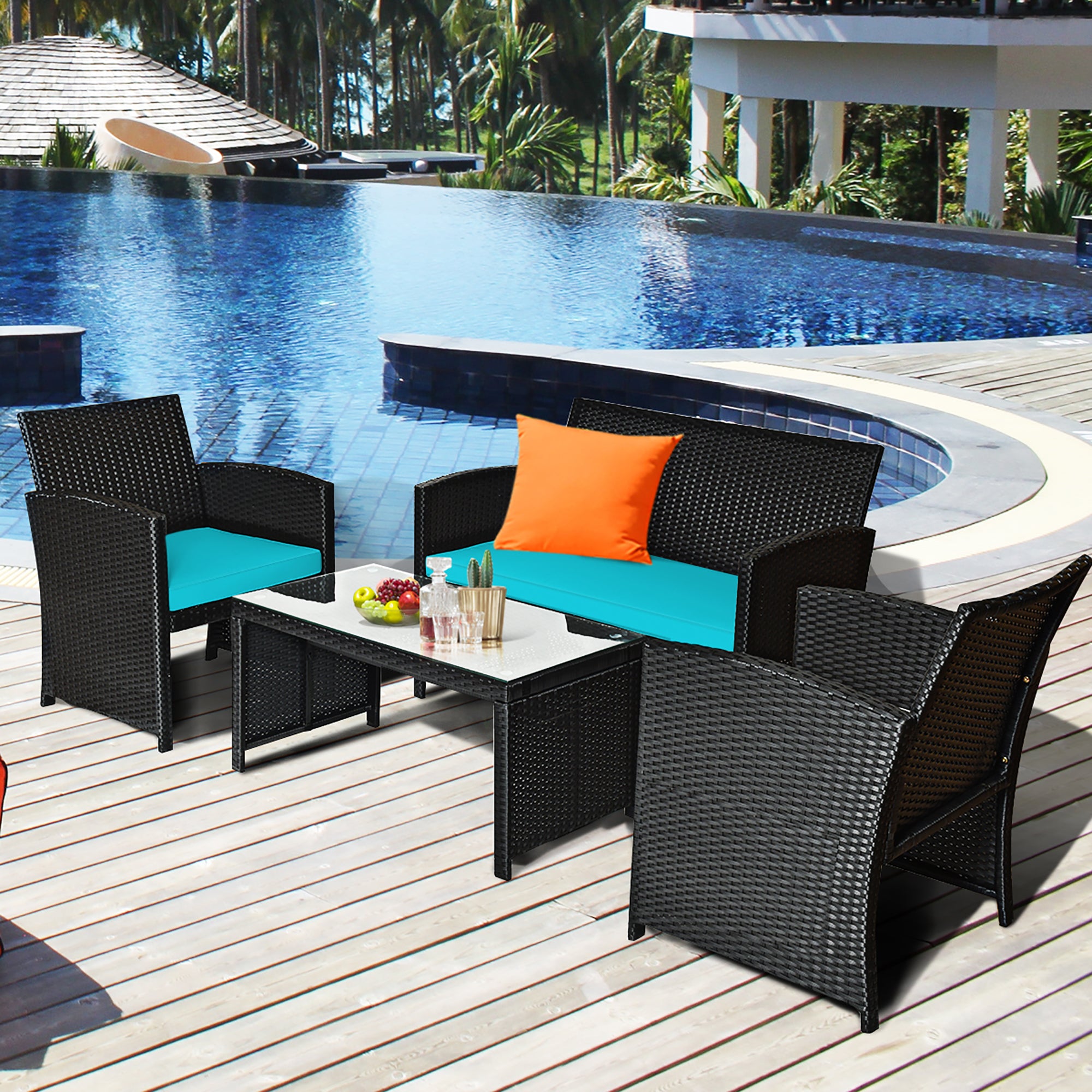  Black Rattan Furniture Set with Glass Table Top Set of 4 - Red - Bonton