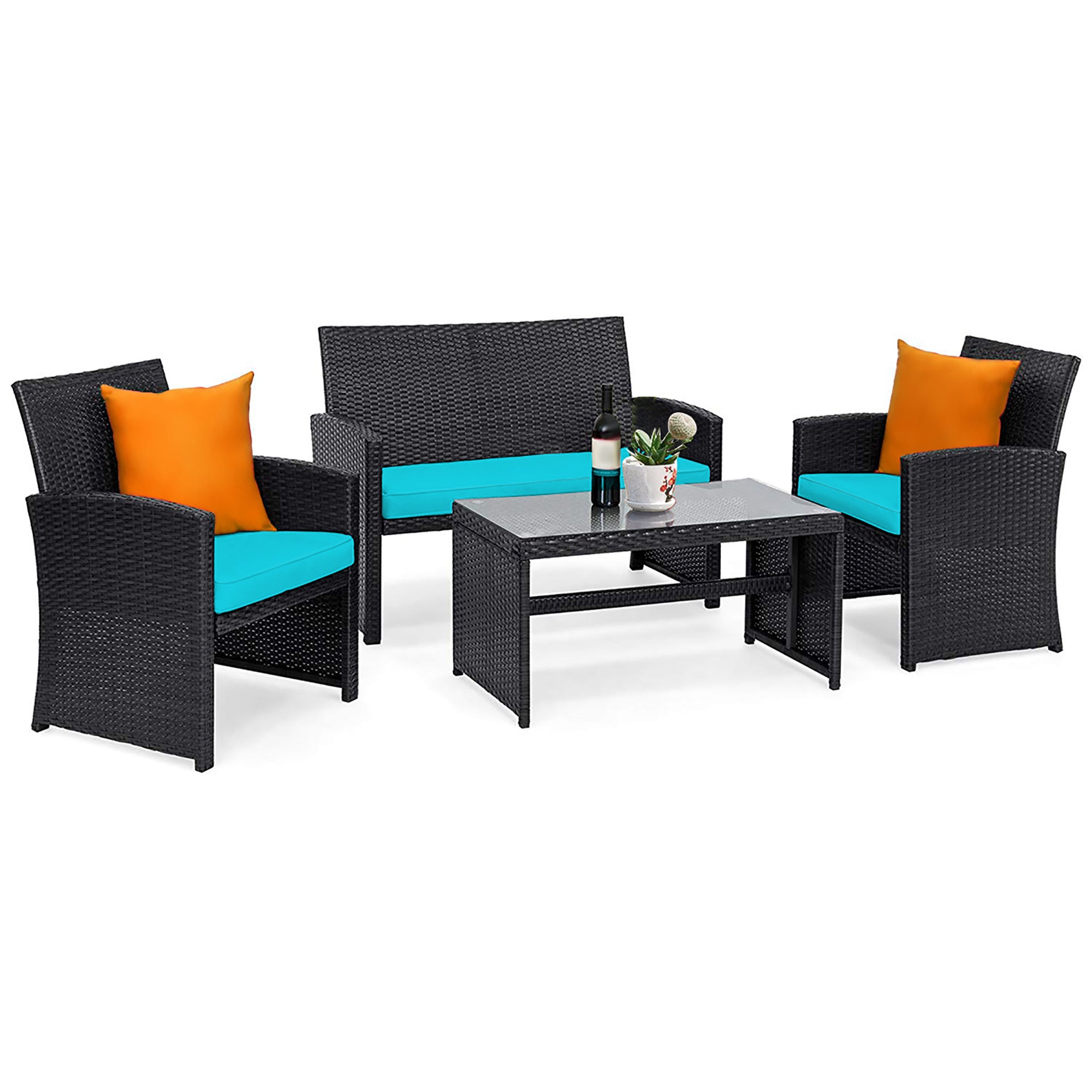  Black Rattan Furniture Set with Glass Table Top Set of 4 - Red - Bonton