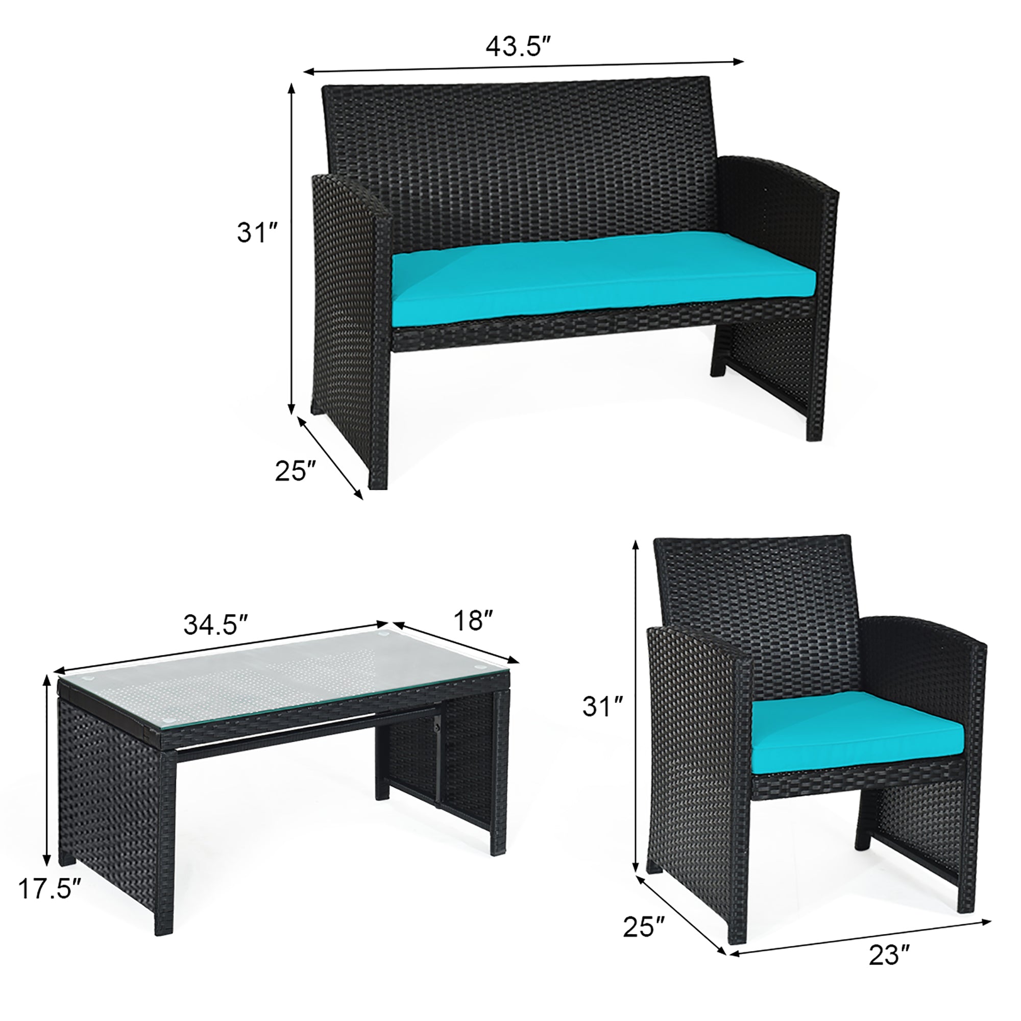  Black Rattan Furniture Set with Glass Table Top Set of 4 - Turquoise - Bonton